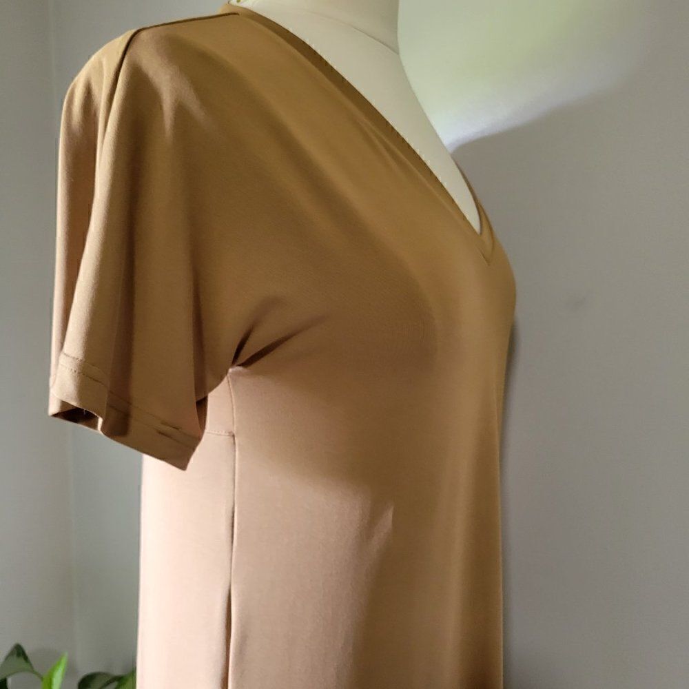 NWT HUSKARY TAN SLIT SIDE MAXI SHIRT DRESS V NECK S/M - Picture 9 of 16